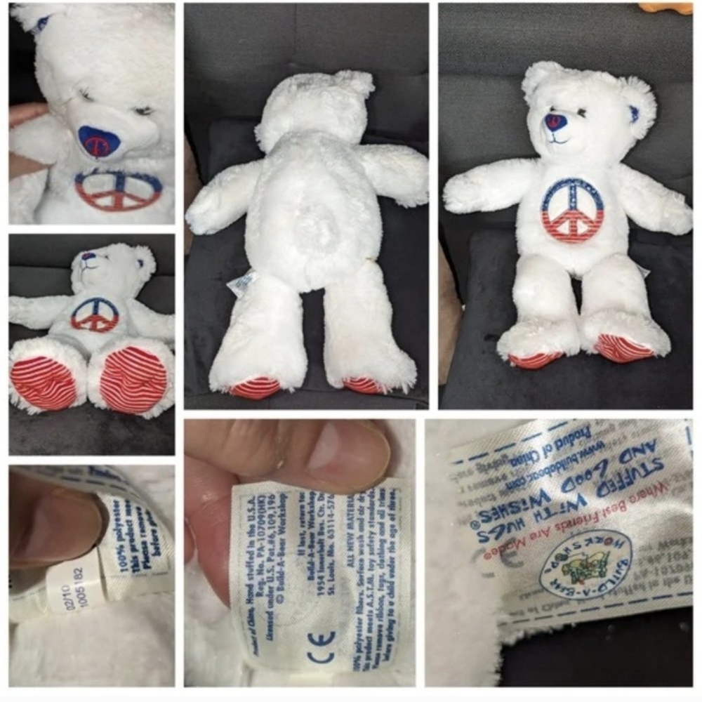 White Peace Teddy Bear with Red and Blue Accents